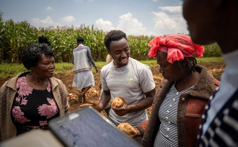 Potato farmer Peter Njuguna shares observations with fellow growers during the field evaluation in Njoro Potato farmer Peter Njuguna shares observations with fellow growers during the field evaluation in Njoro