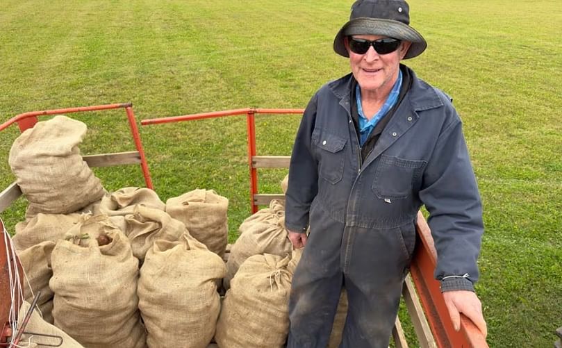 John Cummiskey helped with the harvest at Harrington, gathering the potatoes grown in the Plowdown Challenge field. (Courtesy: CBC)