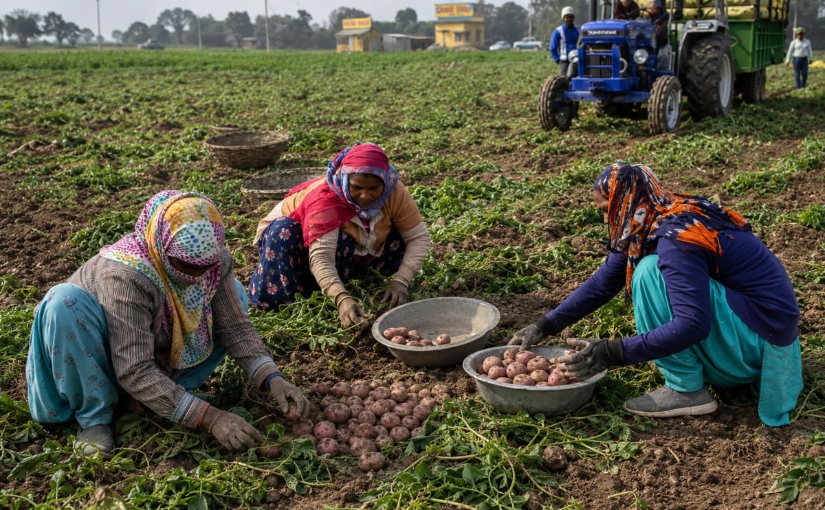 Farmers harvest potatoes in India, highlighting the importance of quality seed, scientific multiplication and organized seed systems in improving productivity and building a more efficient potato value chain.
