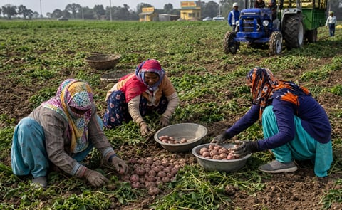 Farmers harvest potatoes in India, highlighting the importance of quality seed, scientific multiplication and organized seed systems in improving productivity and building a more efficient potato value chain. Farmers harvest potatoes in India, highlighting the importance of quality seed, scientific multiplication and organized seed systems in improving productivity and building a more efficient potato value chain.