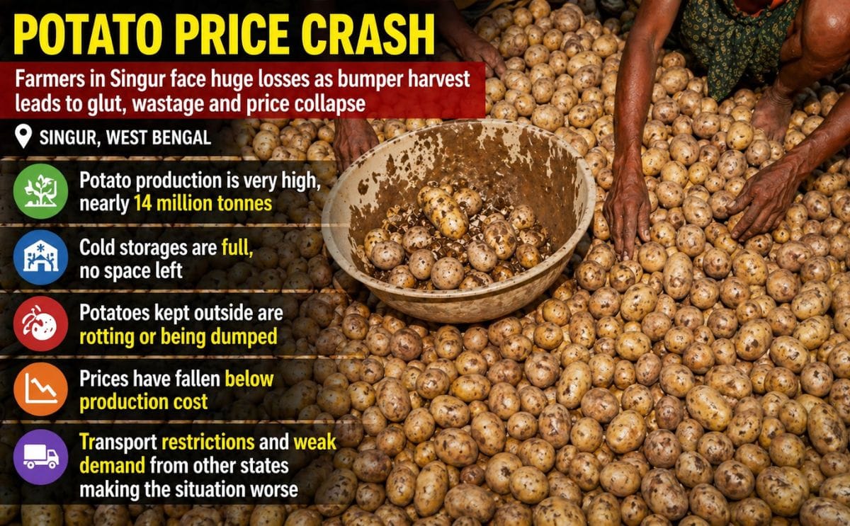High potato production in West Bengal leads to price decline, storage shortages, and increased wastage High potato production in West Bengal leads to price decline, storage shortages, and increased wastage