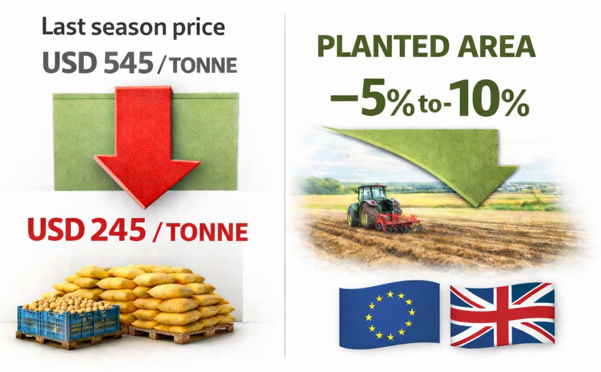 Potato free-buy prices drop from USD 545 to USD 245 per tonne, while planted area is expected to decline by 5–10% across the UK and Northern Europe.