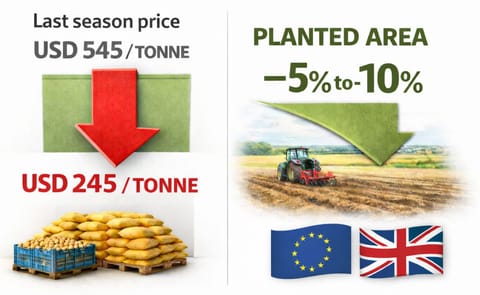 Potato free-buy prices drop from USD 545 to USD 245 per tonne, while planted area is expected to decline by 5–10% across the UK and Northern Europe. Potato free-buy prices drop from USD 545 to USD 245 per tonne, while planted area is expected to decline by 5–10% across the UK and Northern Europe.