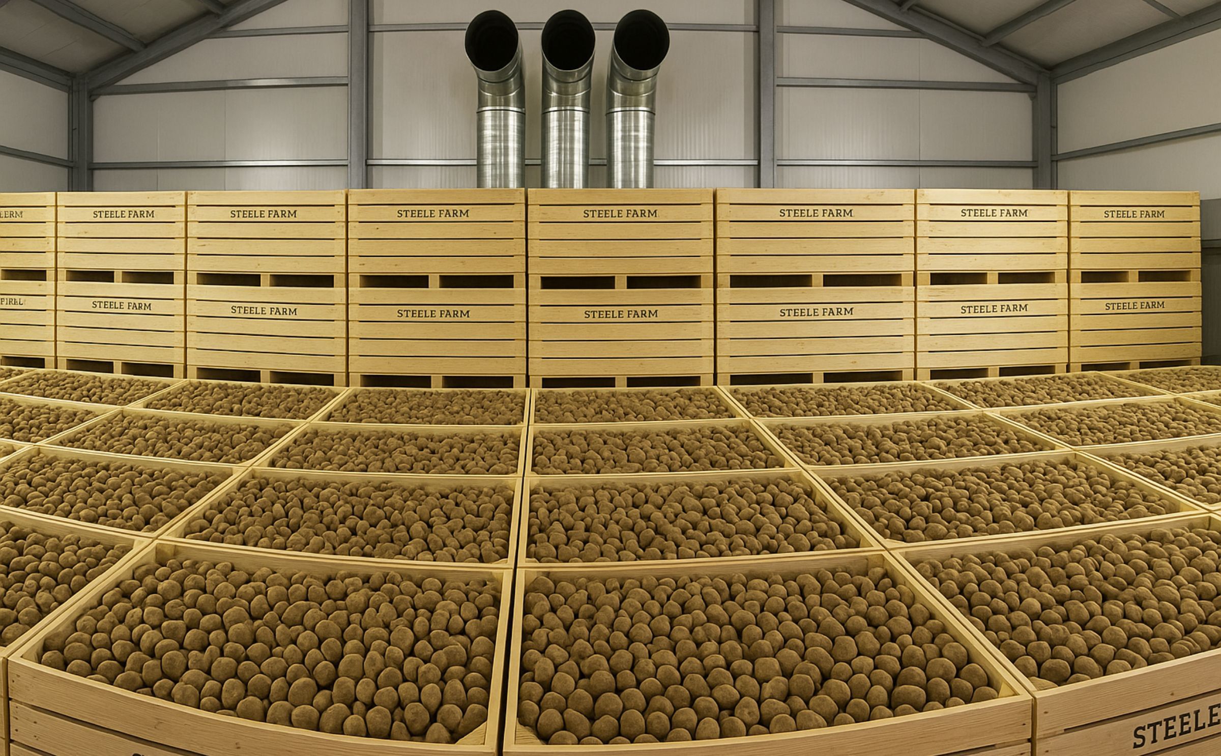 Potatoes stored in recently constructed Box Storage building (Courtesy: Steele Farm)