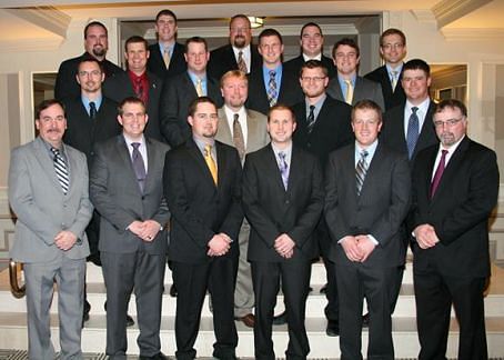 Participants in the 2012 Potato Industry Leadership Institute: (first row, from left to right) Jeff Howard of Gaylord, Mich., Tyler Wagstaff of Nyssa, Ore., Derek Peterson of Rexburg, Idaho, Jonathan Webster of Rigby, Idaho, Grant Mattive of Monte Vista, Colo., Richard Donaldson of Lind, Wash.;(second row) Michael Hoverson of Larimore, N.D., Mark Finnessy of Plover, Wis., Nathan Bender of Bakersfield, Calif., Brian Meisner of Wray, Colo.;(third row) Matt Funk of Prosser, Wash., Troy Meacham of Connell, Wash., Jonathan Schutter of Manhattan, Mont., Devin Taylor of Rigby, Idaho;(back row) Grant Morris of Pasco, Wash., Lance Peterson of Nyssa, Ore., Grant Monie of Dalhart, Texas, Wade Stults of Wray, Colo., Brandon Berce of St. Agatha, Maine.  