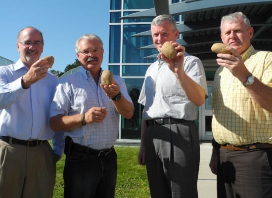 Minister Ritz was at the AAFC Potato Research Centre in Fredericton, New Brunswick August 8 to announce two investments in potato research. (left to right) John Argall, Executive Director BioAtlantech, Minister Ritz, Tobique-Mactaquac MP Mike Allen and Joe Brennan, chair of Potatoes New Brunswick potato marketing agency- showìng off some potatoes. Minister Ritz was at the AAFC Potato Research Centre in Fredericton, New Brunswick August 8 to announce two investments in potato research. (left to right) John Argall, Executive Director BioAtlantech, Minister Ritz, Tobique-Mactaquac MP Mike Allen and Joe Brennan, chair of Potatoes New Brunswick potato marketing agency- showìng off some potatoes.