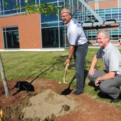 Minister Ritz joined by Tobique-Mactaquac MP Mike Allen put the finishing touches on a tree planting at the AAFC Potato Research Centre in Fredericton, New Brunswick celebrating a centennial this year. Minister Ritz joined by Tobique-Mactaquac MP Mike Allen put the finishing touches on a tree planting at the AAFC Potato Research Centre in Fredericton, New Brunswick celebrating a centennial this year.