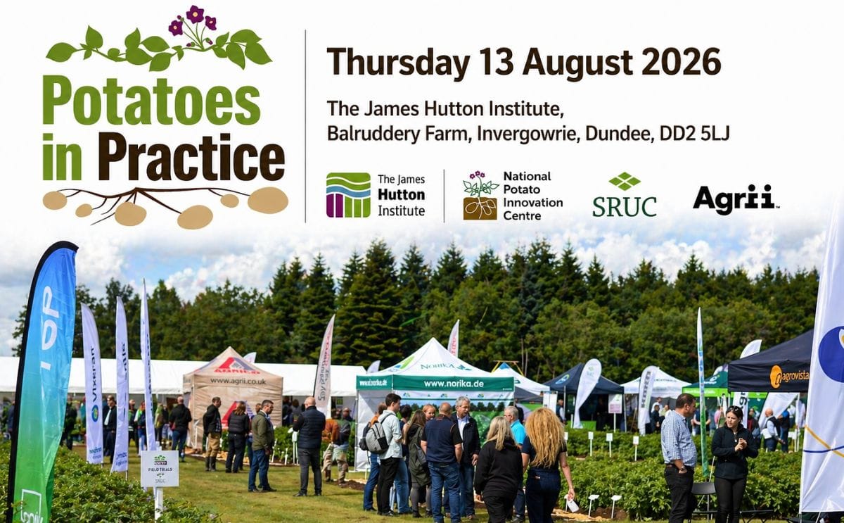 Potatoes in Practice 2026 will take place on August 13 at The James Hutton Institute’s Balruddery Farm in Invergowrie, bringing together industry professionals for field trials and innovation showcases