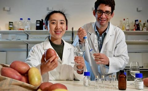Researchers Yihe Sui and Dr Richard Muhlack, pictured at The University of Adelaide’s Waite Campus, are working with Potatoes South Australia to develop a high-end vodka using waste potato skins.(Courtesy: Bianca de Marchi / Aidelaide now) Researchers Yihe Sui and Dr Richard Muhlack, pictured at The University of Adelaide’s Waite Campus, are working with Potatoes South Australia to develop a high-end vodka using waste potato skins.(Courtesy: Bianca de Marchi / Aidelaide now)