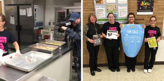 Broadcast coverage (left); The potatoes USA team showing off the 'props' (right)