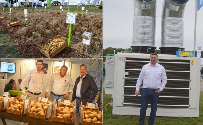 Images from PotatoEurope 2022. Clockwise: Europlant varietal demonstration plot; Hermann Gaugele, from the Bavarian family company of the same name; and Arne Rehnert and Michael Stroß, of Interseed GmbH, together with Georg Kolmhofer, of Sesur. (Courtesy: FreshPlaza)