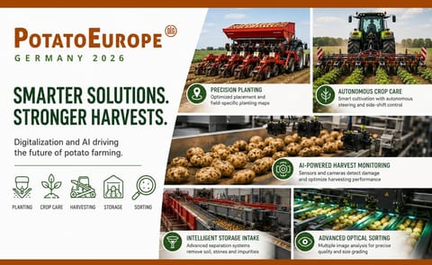 PotatoEurope Germany 2026 highlights how digital technologies, precision machinery, and artificial intelligence are advancing potato planting, crop care, harvesting, storage, and quality sorting across the potato value chain. PotatoEurope Germany 2026 highlights how digital technologies, precision machinery, and artificial intelligence are advancing potato planting, crop care, harvesting, storage, and quality sorting across the potato value chain.