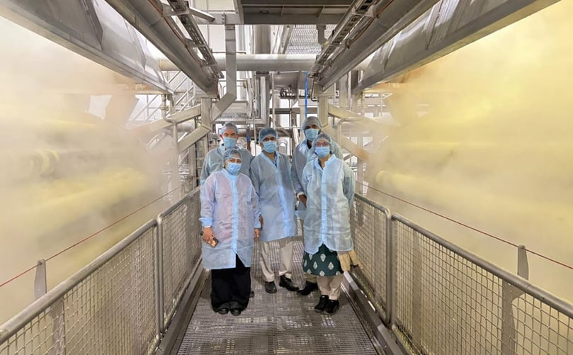 The PotatoPro team during an on-site visit to HyFun Foods’ flake plant, observing operations and quality-focused processes during the Global Potato Summit Gujarat visit.