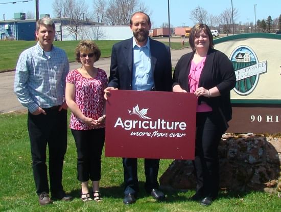 Welcoming PEI Potato Board Chairman Gary Linkletter (third from left) and General Manager Greg Donald (far left) to the Agriculture More Than Ever family is Karen MacInnis Larter, Manager of Customer Service, Atlantic (far right) and Sarah Watts, Customer Service Representative (second from left). 
