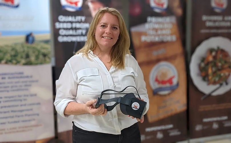 Marketing director Kendra Mills holds the virtual reality headset included in the kits. (Courtesy CBC) PEI Potato Board Marketing director Kendra Mills.