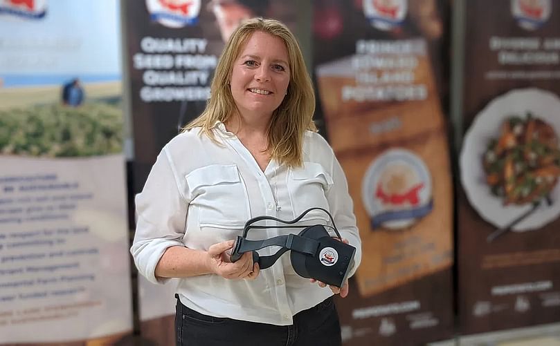 Marketing director Kendra Mills holds the virtual reality headset included in the kits. (Courtesy CBC) PEI Potato Board Marketing director Kendra Mills.