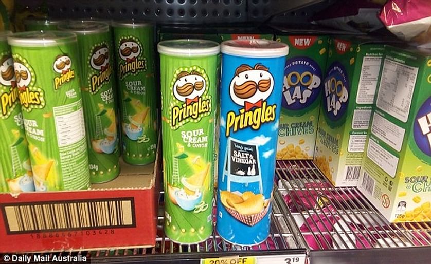 In Australia, Pringles packaging has shrunk in size, reports the Daily Mail Australia: Classic potato chips Pringles (right, blue package) have shrunk in size and are being sold in a deceptively similar package of the same height but with a smaller diamet