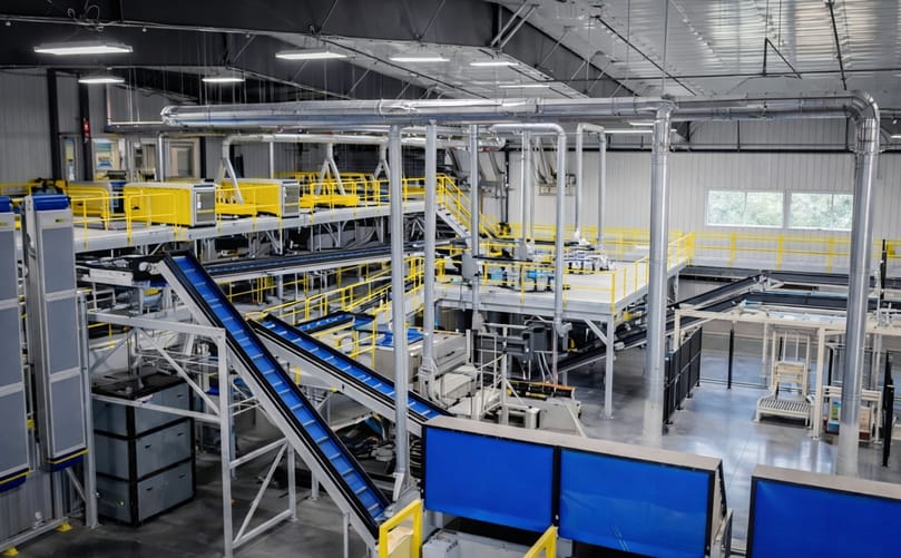 Integrated processing line featuring automated conveying, sorting, and handling systems within a turnkey agri-factory installation