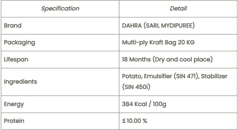 Product specifications of MYDIPUREE potato flakes, highlighting 20 kg industrial packaging, ingredient composition, storage life, and nutritional information.