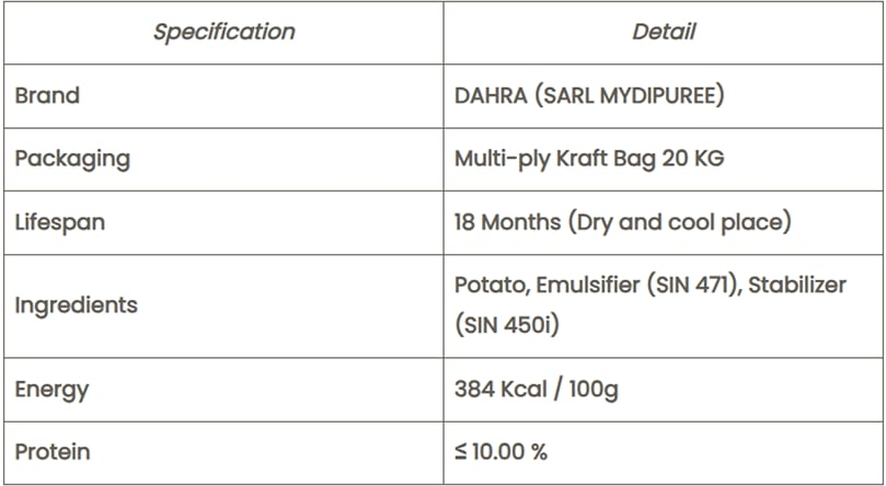 Product specifications of MYDIPUREE potato flakes, highlighting 20 kg industrial packaging, ingredient composition, storage life, and nutritional information. Product specifications of MYDIPUREE potato flakes, highlighting 20 kg industrial packaging, ingredient composition, storage life, and nutritional information.
