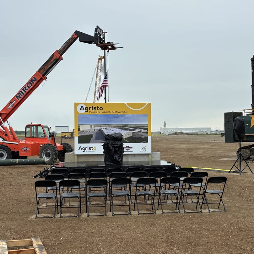 Agristo team members, government officials, growers, contractors, and community partners gather to celebrate the groundbreaking of the future Grand Forks potato processing facility, expected to begin production in 2029.