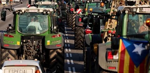 Cientos de agricultores bloquean vías con sus tractores, en protesta por las presiones de precios, los impuestos y la regulación medioambiental de la UE, quejas compartidas por los trabajadores del campo de toda Europa. En Barcelona, España, el 7 de febre