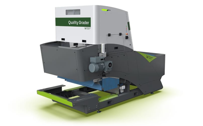 Flikweert Vision Quality Grader unit showing side view configuration, designed for accurate inspection and sorting of potatoes based on quality parameters