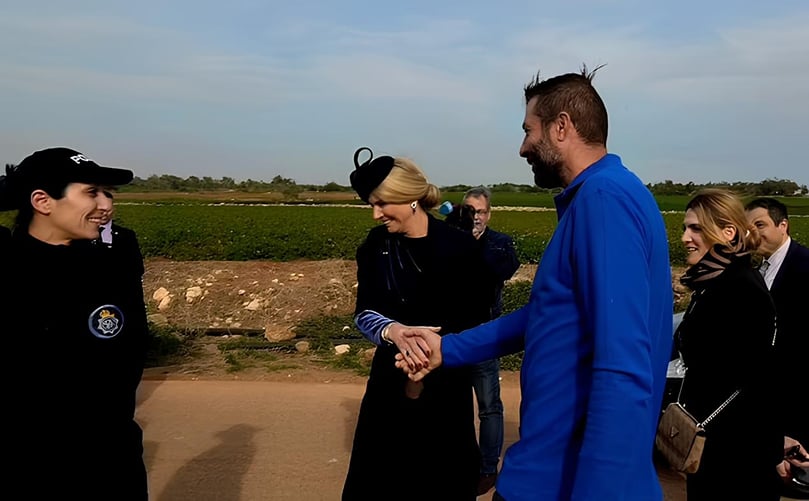 Queen Maxima, center, of Netherlands shakes hand with a potato farmer Andreas Ttofallis during a visit at a potato field in Xylophagou village, Cyprus, on Tuesday, March 4, 2025. Queen Maxima, center, of Netherlands shakes hand with a potato farmer Andreas Ttofallis during a visit at a potato field in Xylophagou village, Cyprus, on Tuesday, March 4, 2025.