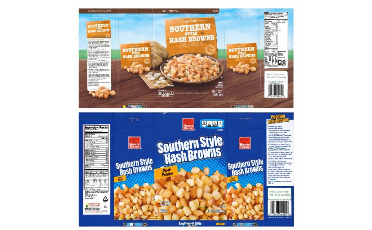 Illustration of the packaging of the recalled Roundy's Southern Style Hash Browns (top) and the Harris Teeter Southern Style Hash Browns (below).