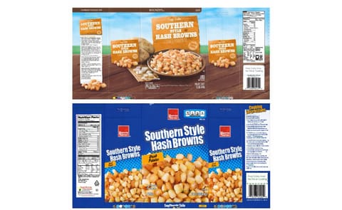 Illustration of the packaging of the recalled Roundy's Southern Style Hash Browns (top) and the Harris Teeter Southern Style Hash Browns (below). Illustration of the packaging of the recalled Roundy's Southern Style Hash Browns (top) and the Harris Teeter Southern Style Hash Browns (below).