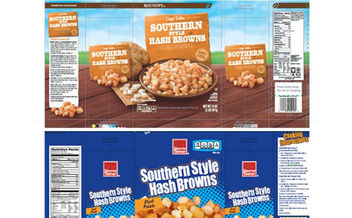 Illustration of the packaging of the recalled Roundy's Southern Style Hash Browns (top) and the Harris Teeter Southern Style Hash Browns (below).