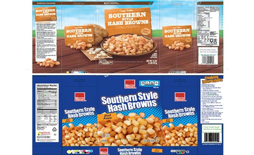 Illustration of the packaging of the recalled Roundy's Southern Style Hash Browns (top) and the Harris Teeter Southern Style Hash Browns (below).