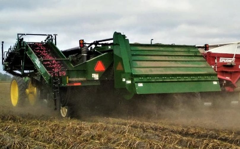 One of five harvesters Folson Farms had going north of Grand Forks. One of five harvesters Folson Farms had going north of Grand Forks.