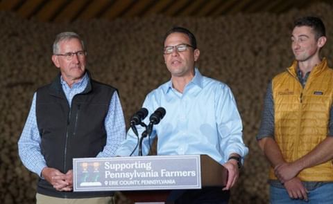(LR) Russell Redding, PA Sec. of Agriculture, Governor Josh Shapiro (D-PA), and Alex Troyer, Co-founder of Folkland Foods. (LR) Russell Redding, PA Sec. of Agriculture, Governor Josh Shapiro (D-PA), and Alex Troyer, Co-founder of Folkland Foods.