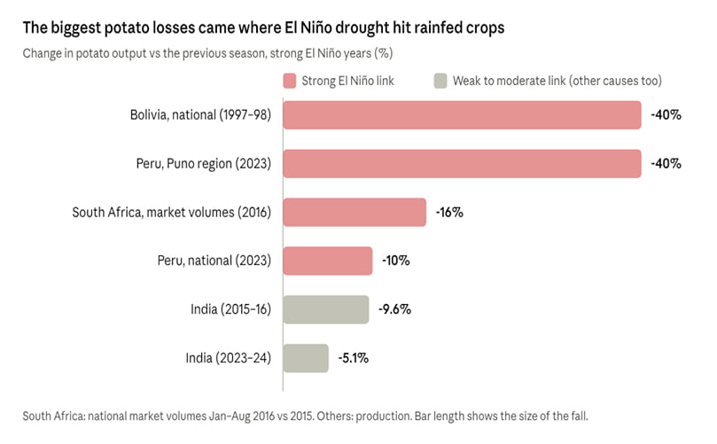 Rainfed crops in drought-prone El Niño regions lost the most; India's mostly irrigated crop fell less, with other causes involved.