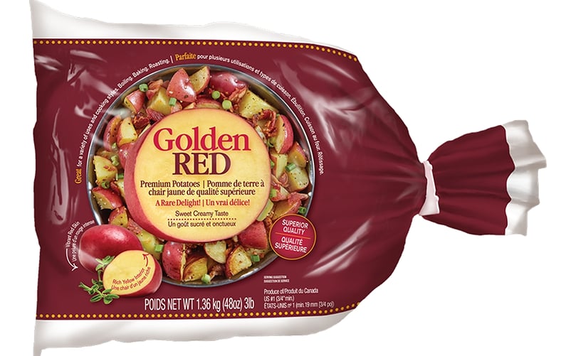 Golden Red premium potatoes will be available this fall in a three-pound, poly light-blocker, bilingual bag. Golden Red premium potatoes will be available this fall in a three-pound, poly light-blocker, bilingual bag.