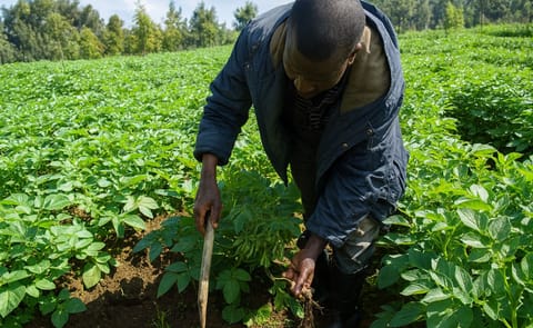 A Potato Farmer in Musanze, Rwanda, taking care of his crop (Courtesy: Umuhinzi) A Potato Farmer in Musanze, Rwanda, taking care of his crop (Courtesy: Umuhinzi)