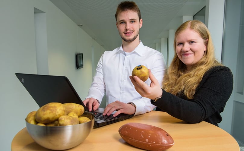 Mirco Pyrtek (left) and Hannah Stein(right), research assistants in Prof. Maaß’ group, are creating data networks filled with information on the potato production process. Field data on how often and how hard potatoes get knocked on a conveyor belt is collected by harvesting the impact-sensitive artificial potato seen here on the table (Courtesy: Oliver Dietze) Mirco Pyrtek (left) and Hannah Stein(right), research assistants in Prof. Maaß’ group, are creating data networks filled with information on the potato production process. Field data on how often and how hard potatoes get knocked on a conveyor belt is collected by harvesting the impact-sensitive artificial potato seen here on the table (Courtesy: Oliver Dietze)