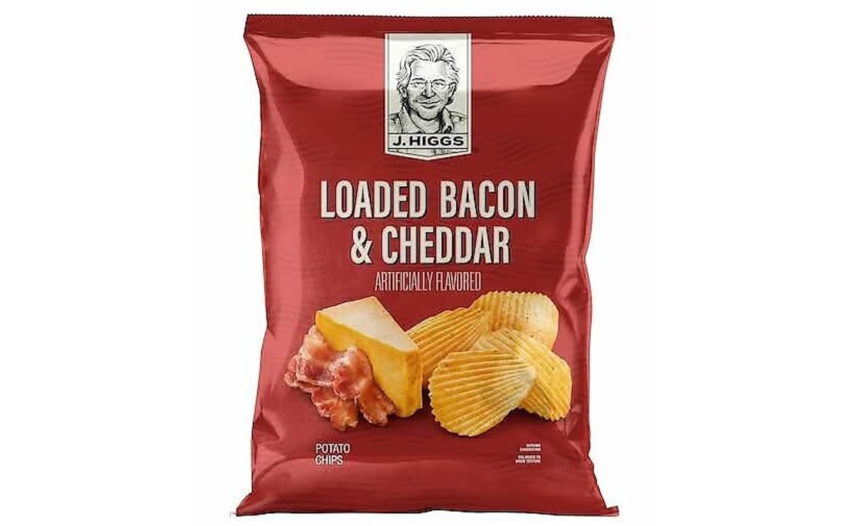 J. HIGGS Loaded Bacon & Cheddar Potato Chips, which has been recalled by Saratoga Potato Chips due to undeclared soy allergens.