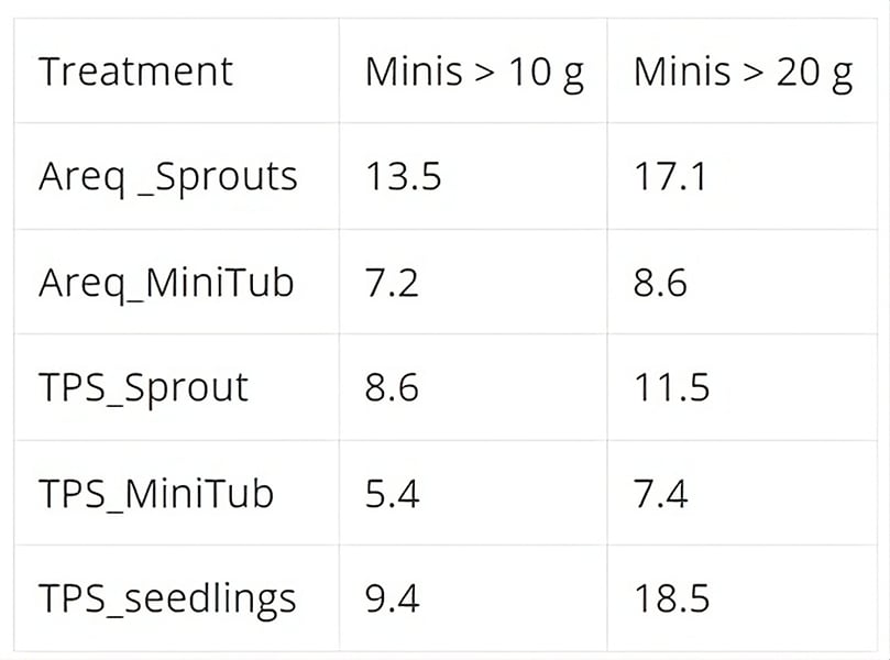 Table 3. Screen house area (m2) needed for sowing 1000 m2 of field if used in field crops different mini tubers weight (over 10 or 20 g) Table 3. Screen house area (m2) needed for sowing 1000 m2 of field if used in field crops different mini tubers weight (over 10 or 20 g)