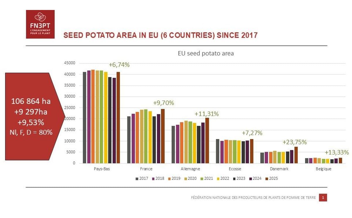 Seed potato production area in six major EU countries from 2017 to 2025, highlighting a total of 106,864 ha in 2025, with Netherlands, France, and Germany accounting for 80%.