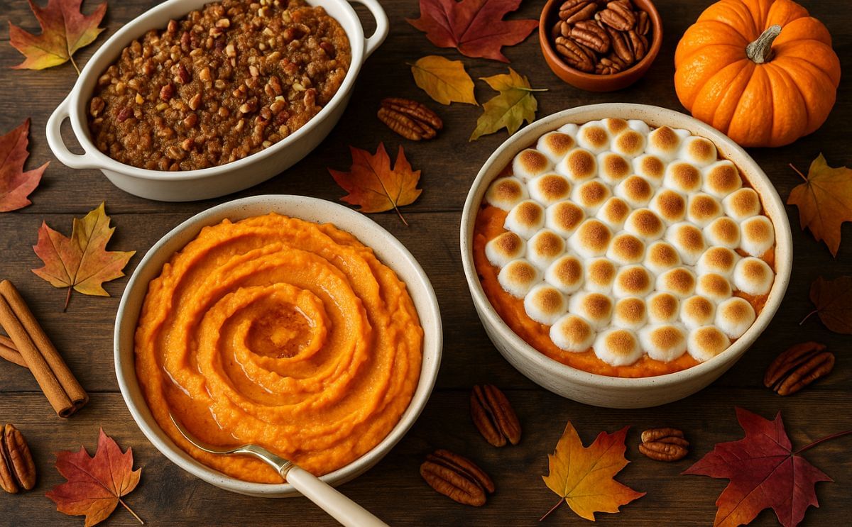 Mashed sweet potatoes served in rustic bowls, highlighting a classic Thanksgiving side dish made from one of America’s most historic root crops.