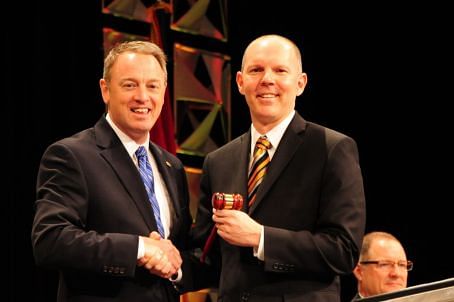 Scott Smith, Shearer's Food, Inc., (right) accepted the SFA Chairman's gavel Sunday from outgoing Chairman of the Board Matt Colford, Old Dutch Foods, Inc. (left), who has served in that position since March 2011.