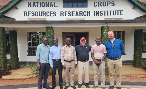 Simon Fraher at NCRRI From left to right: Reuben Ssali, Robert Mwanga, Benard Yada, Craig Yencho, Bonny Oloka, and Simon Fraher at the National Crops Research Institute, Kampala, Uganda, 2024. Simon Fraher at NCRRI From left to right: Reuben Ssali, Robert Mwanga, Benard Yada, Craig Yencho, Bonny Oloka, and Simon Fraher at the National Crops Research Institute, Kampala, Uganda, 2024.