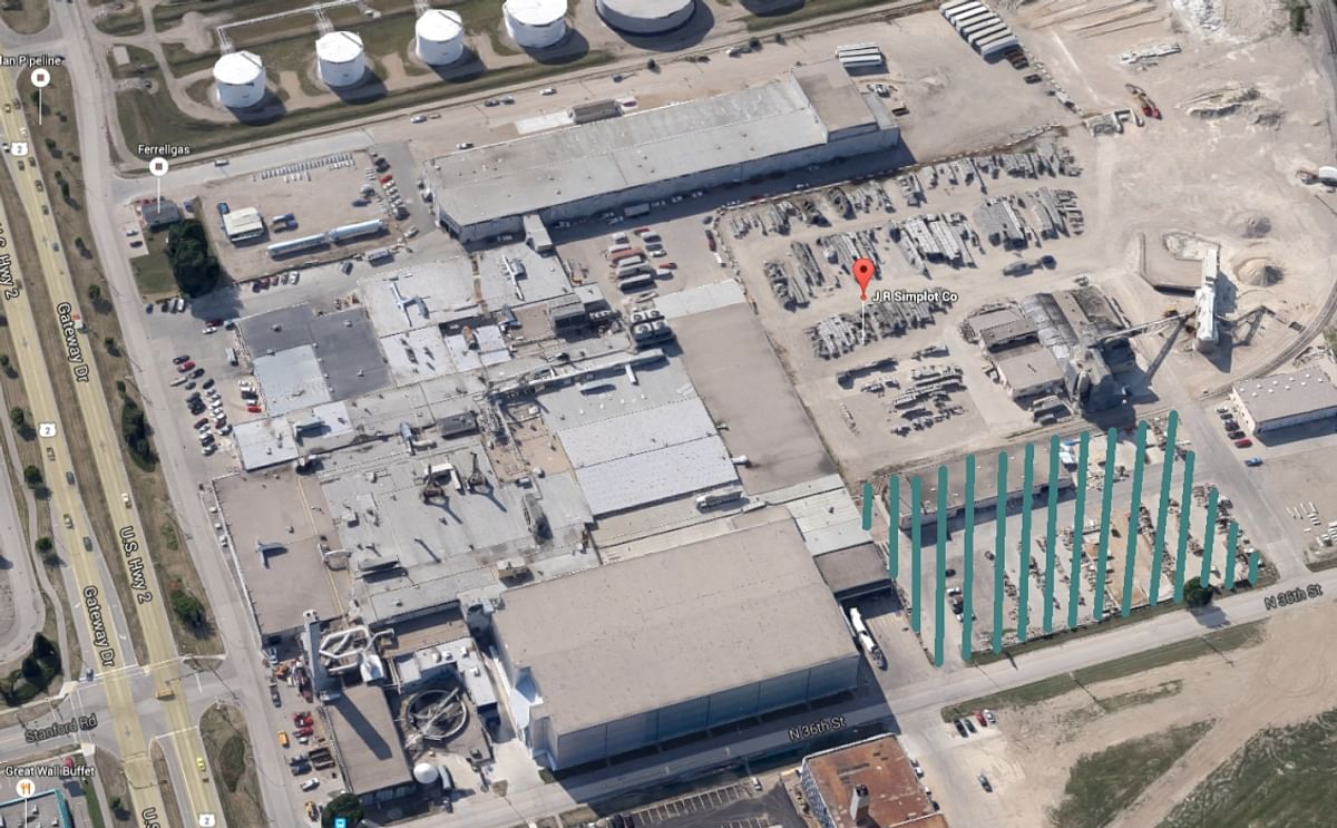 3D rendering of the JR Simplot Grand Forks, ND potato processing plant (Courtesy: Google Maps). We marked the location that is under consideration for the high bay freezer construction