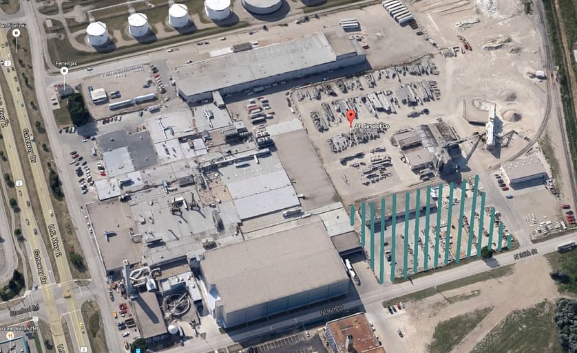 3D rendering of the JR Simplot Grand Forks, ND potato processing plant (Courtesy: Google Maps). We marked the location that is under consideration for the high bay freezer construction