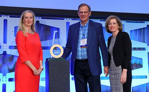 Left to right: SNAC Chairwoman Jolie Weber, CEO, Wise Foods; Terry Groff, Former Owner & CEO, Reading Bakery Systems and Elizabeth Avery, President & CEO, SNAC International during the award ceremony during SNAXPO 2019 in Orlando