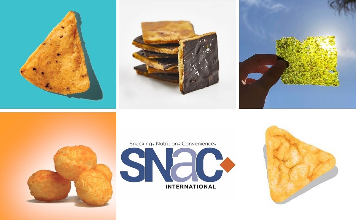 The 5 snack brands that will pitch their products and business models in the 'SNAC Tank' at the SNAXPO on Tuesday April 2: 
(L to R) Top row: Chirps Chips (tortilla chips made using cricket protein), Legally Addictive Foods, offering "part cracker, all c