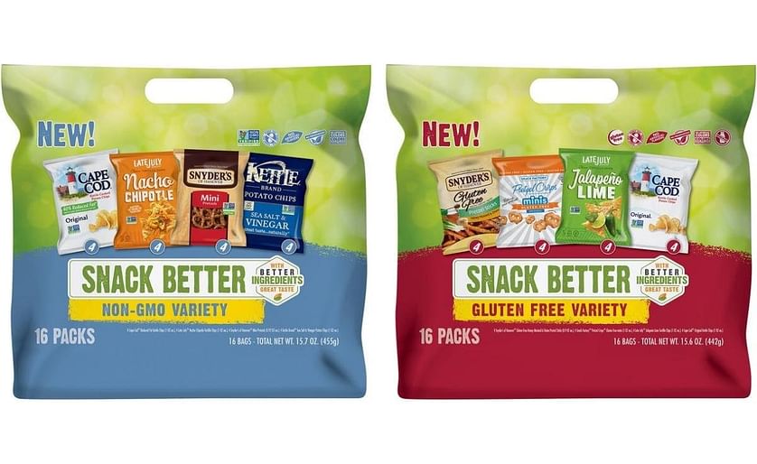 Two of the four new Snyder`s - Lance `snack better` multi-brand snack packs focused on specific consumer demands:  Non-GMO (left) and Gluten Free (right)