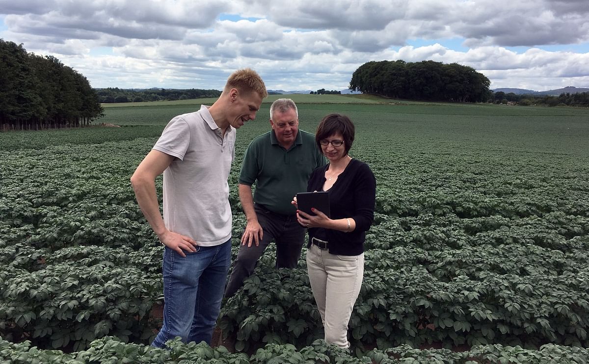 The SoilEssentials team have worked in lab and in-field to test Tuberzone and now look forward to showcasing it at BP2019. Pictured (l-r) are Kenneth Waring, Jim Wilson and Seonaid Ross of SoilEssentials